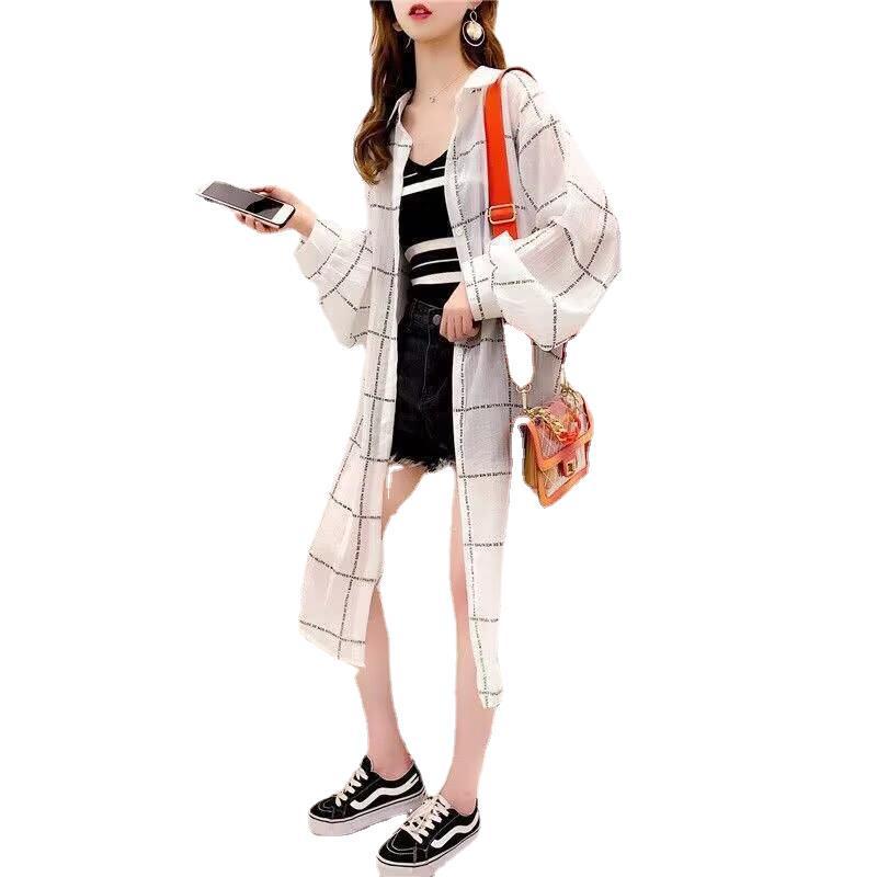 Dongdaemun Women's Summer Plaid Shirt: Lightweight, UV-Protective, Loose-Fit Medium & Long Sleeves.