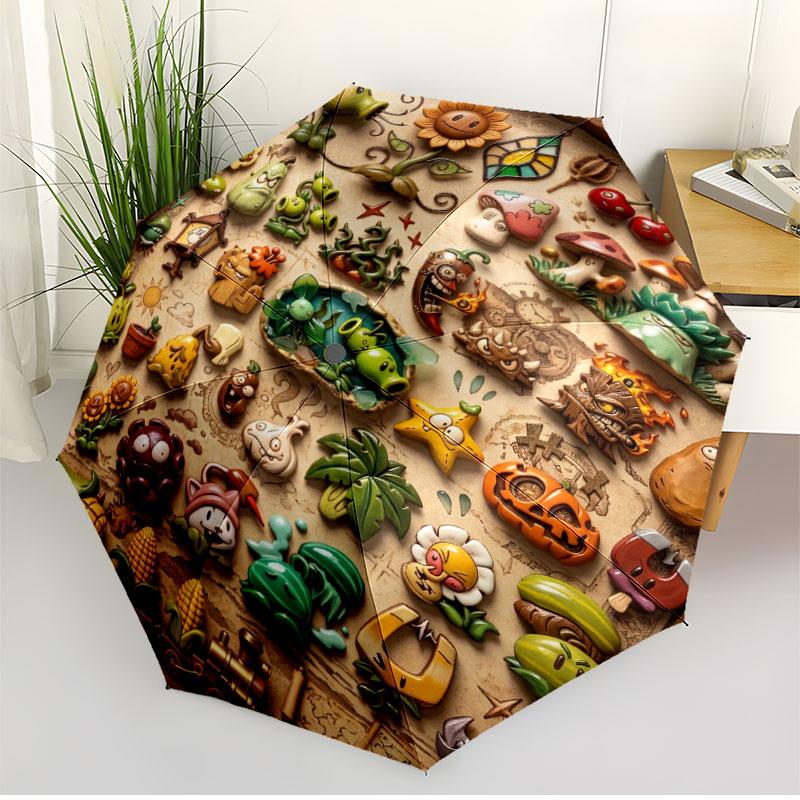 Plants VS Zombies Print Automatic Open Close Umbrella, Portable Foldable Umbrella, for Outdoor Commute Camping Trip, Ideal Birthday Gift