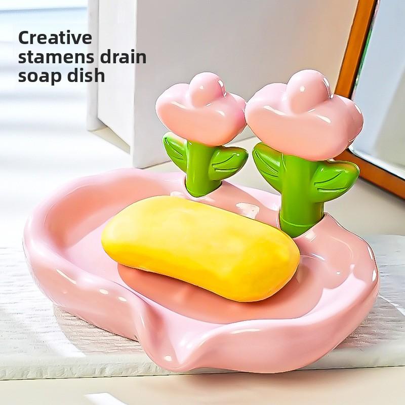 Flower Soap Box No Drill, Waterproof Plastic Soap Holder, High Aesthetic Design, Ideal for Bathroom Organization
