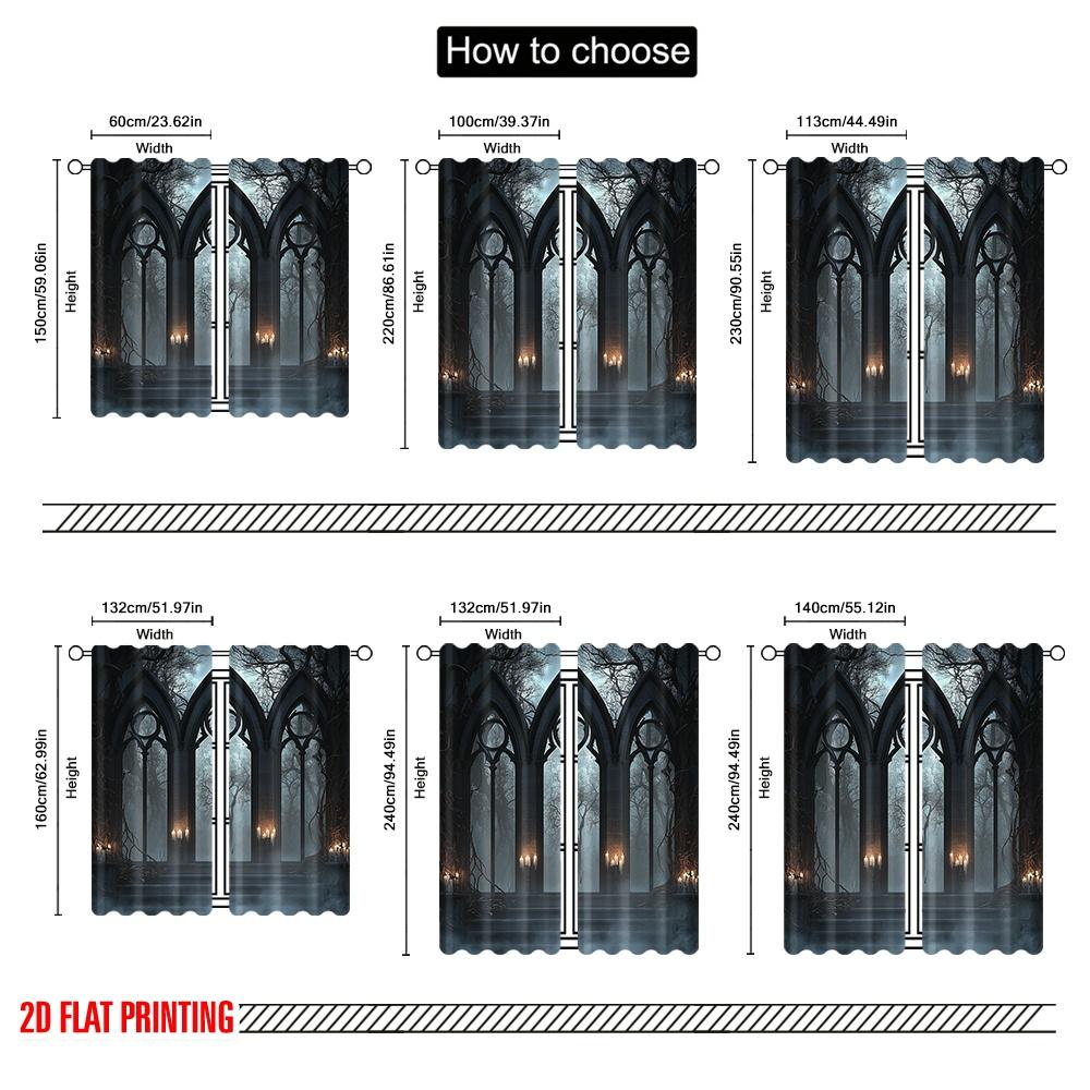 2Pcs 2D flat printingHorror House Curtain Halloween Historical Gate Gothic Curtain Candles View For Bedroom Living Room And