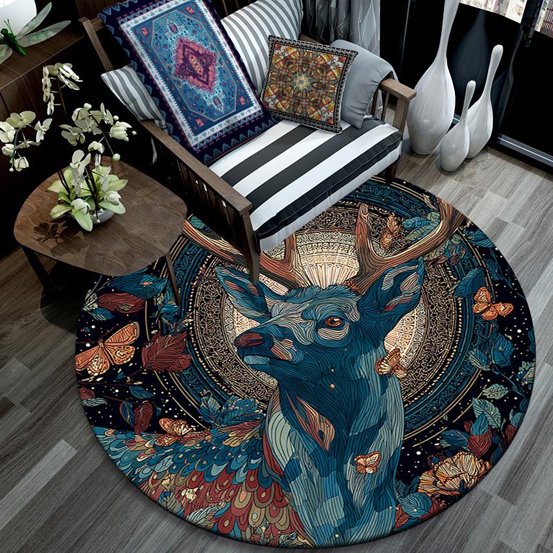 Deer Round Area Rug,Carpet Rug for Living Room Bedroom Sofa Playroom Decor,Non-slip Floor Mat