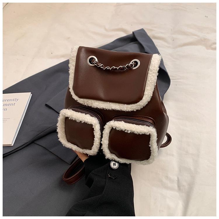 College Style Retro Backpack Bag Women's 2025 New Large-capacity Lamb Wool Splicing Travel Backpack Student Schoolbag