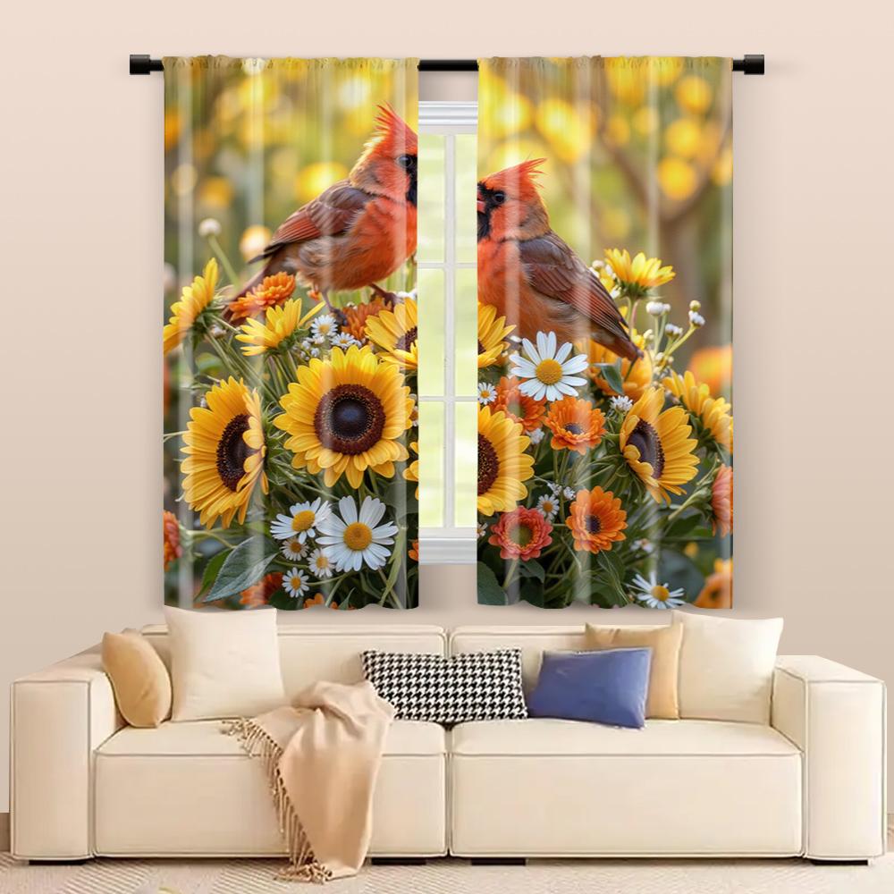 2 Pcs   Filtering Curtains (excluding Rods   Non-movable   Without Batteries) Sunflower & Red-Billed Bird for Use In Bedrooms and