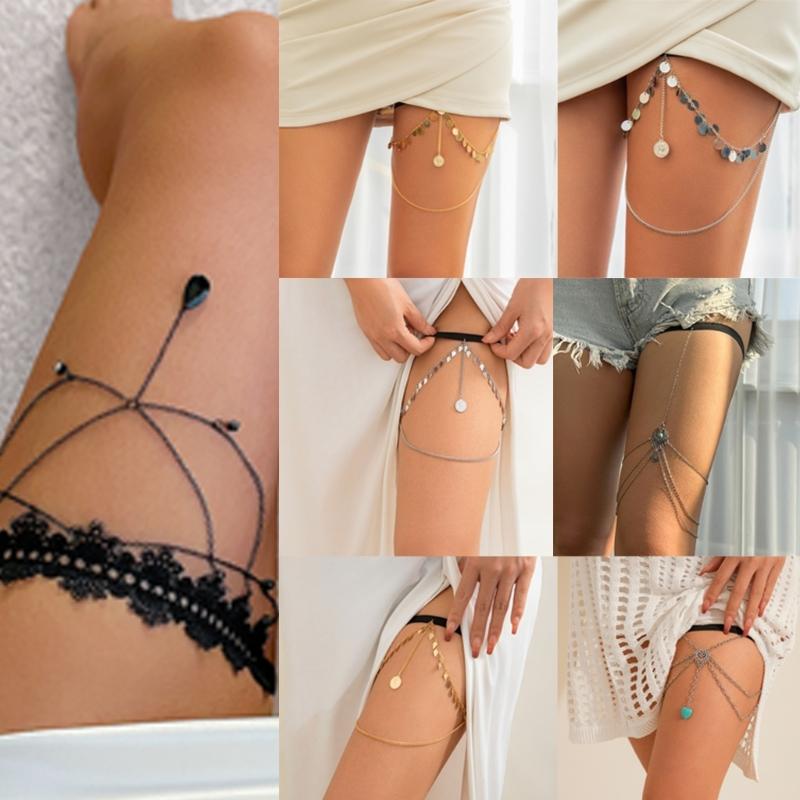 Womens Layered Metal Tassels Leg Chain Lace Thigh Belt Adjusted Elastic Thigh Chain Party Beach Holiday Body Jewelry