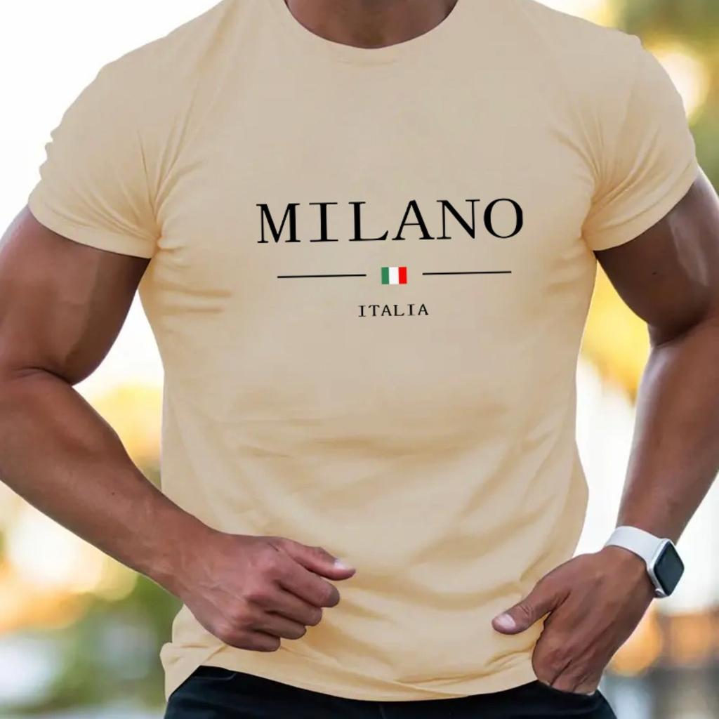 Summer Men's 100% Cotton Casual Sports Loose Plus MILANO Print Comfortable Shopping Round Neck Short Sleeved T-shirt Top
