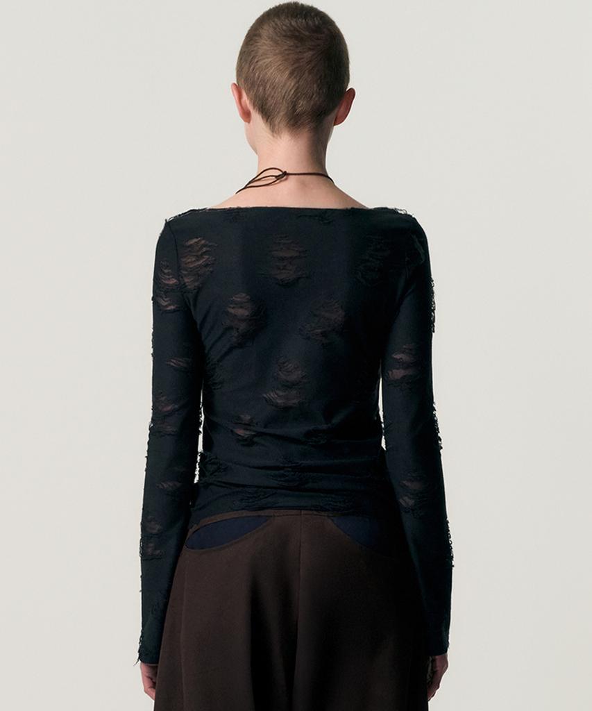 Kimjisu Distressed Cowl Neck T-Shirt_Black