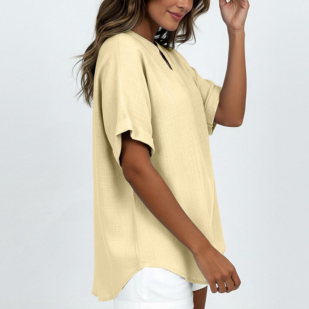 Women’s Loose Fit Short Sleeve V Neck Blouse Lightweight Casual Tunic Top with Rolled Sleeves for Summer Spring Outfits