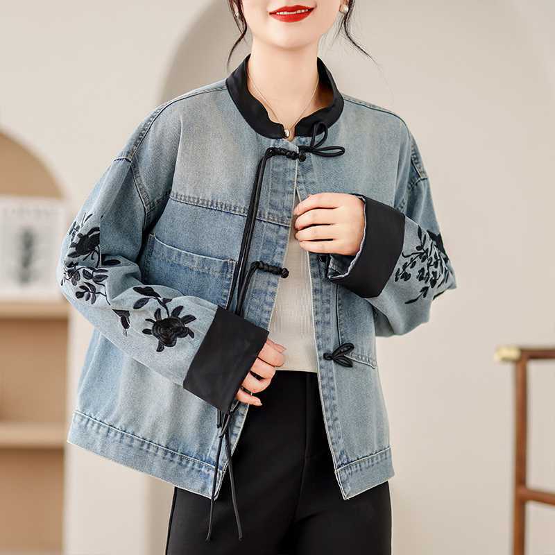 Vintage Print Denim Jacket Women Spring Autumn Fashion Long Sleeve Jeans Short Coat Female Loose Cowboy Outwear