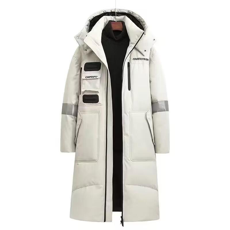 Men's and women's mid-length reflective stripes hooded cotton jacket thickened warm and cold-resistant comfortable feather silk down jacket