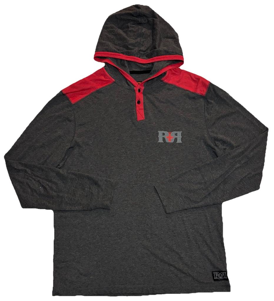 Y2K 2000s Rock Revival Hooded Tee Shirt Hoodie Front Back Men’s XL Gray Red