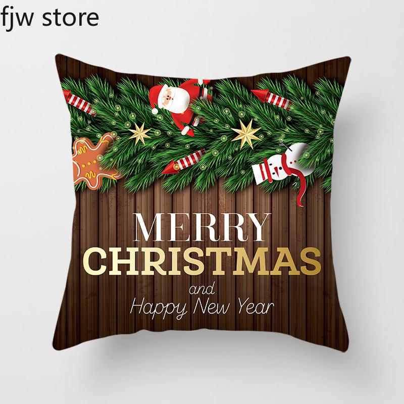 Merry Christmas and Happy New Year Decorative Pillowcase Wood Printing Throw Pillow Cover Sofa Chair Cushion  Home Decor