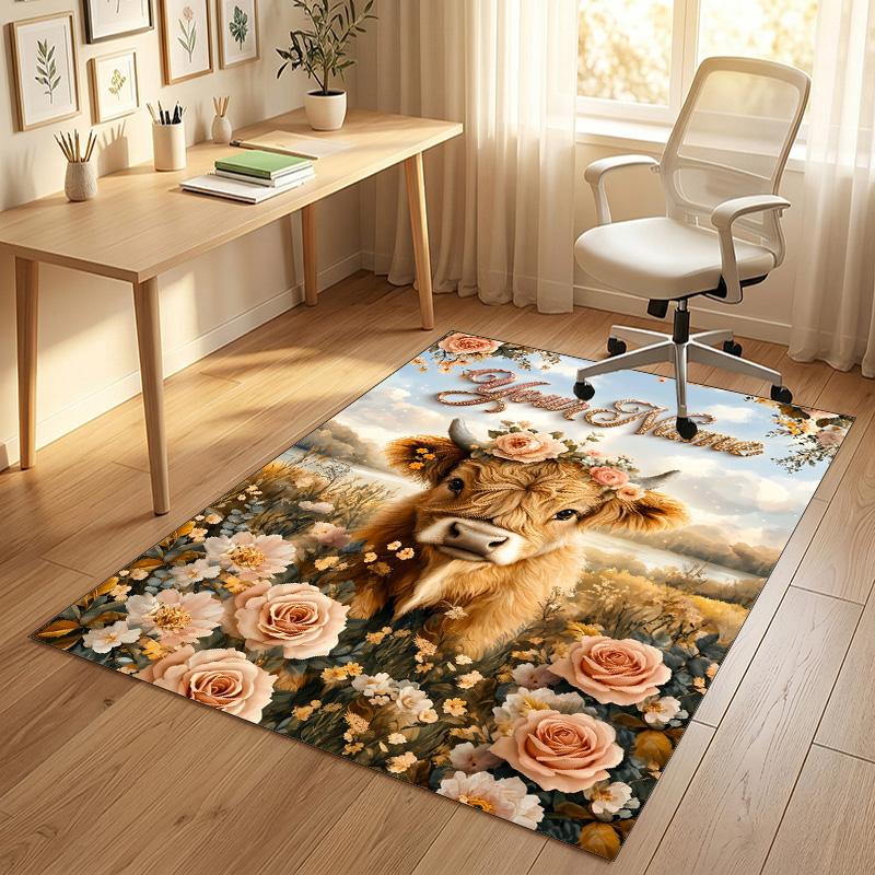 Cow Highland Theme Crystal Velvet Rug Personalized Custom Name Text Soft Floor Mat Home Decor
