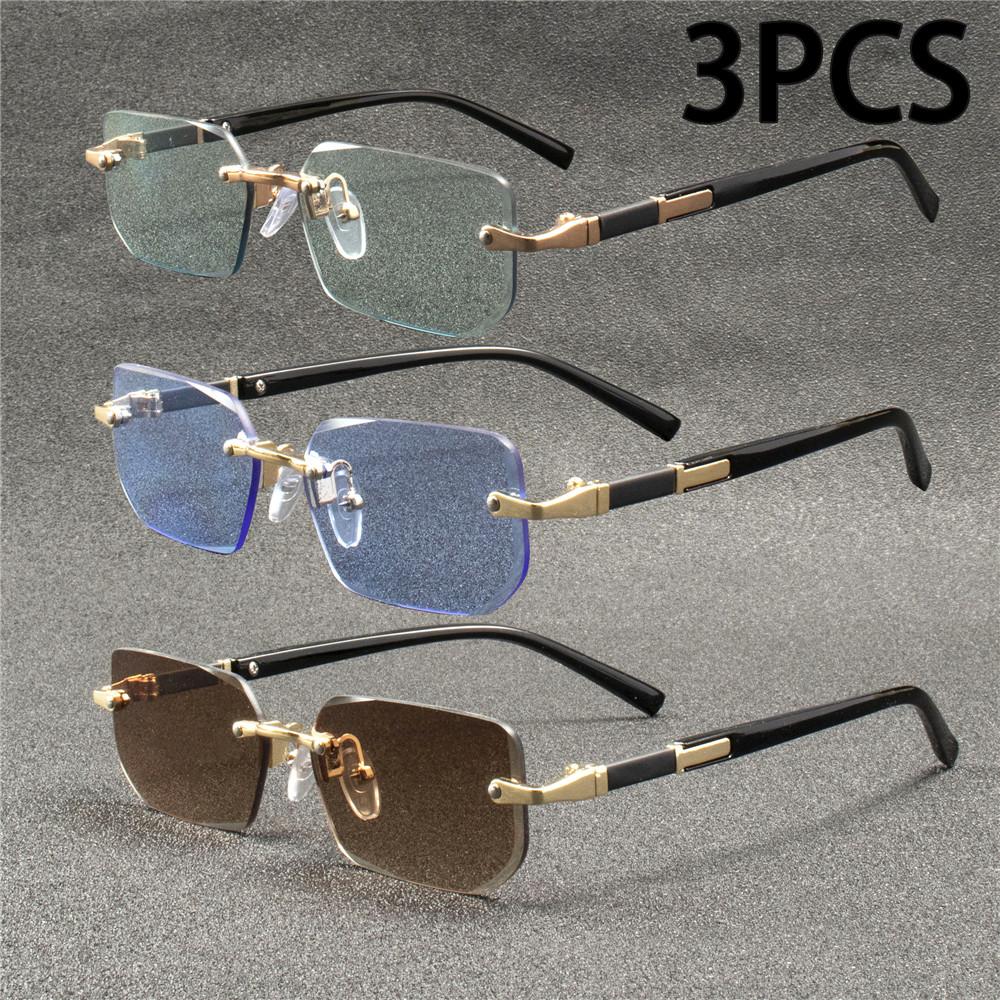 3PCS Rimless Sunglasses Rectangle Fashion Popular Women Men Shades Small Square Sun Glasses For Female Male Summer Traveling