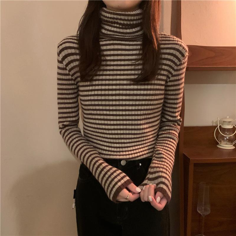 Herbst Winter Gestreiften Rollkragen Gestrickte Pullover für Frauen Neue Langarm Top Frauen Pullover Alle-spiel Bodenbildung Shirt