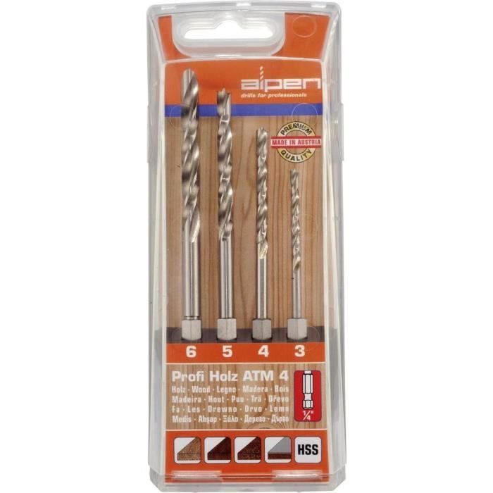 Alpen 603002100 jeu de forets pour le bois 4 pièces 3 mm, 4 mm, 5 mm, 6 mm 1/4 (6,3 mm) 1 set