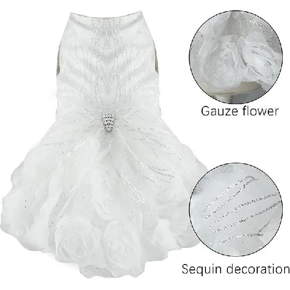 Formal Dog Princess Dress, Sparkly Tulle Pet Wedding Dress, Pink Rose Floral Puppy Outfit for Small Dogs Chihuahua Yorkie