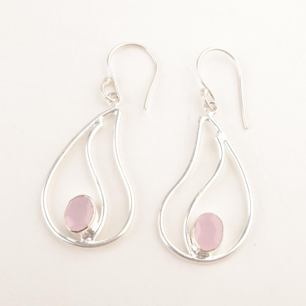 Oval Rose Chalcedony Gemstone Sterling Silver Artisan Birthday Dangling Earrings EE-139-15