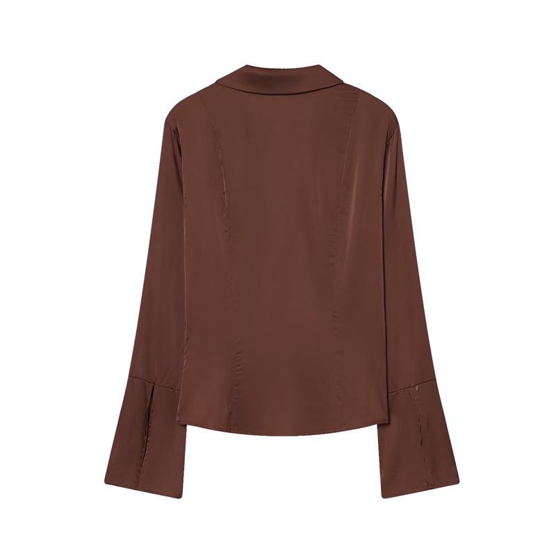 Kadınlar İçin Zarif Vintage Saten V Yaka Bağcıklı Uzun Kollu Üst