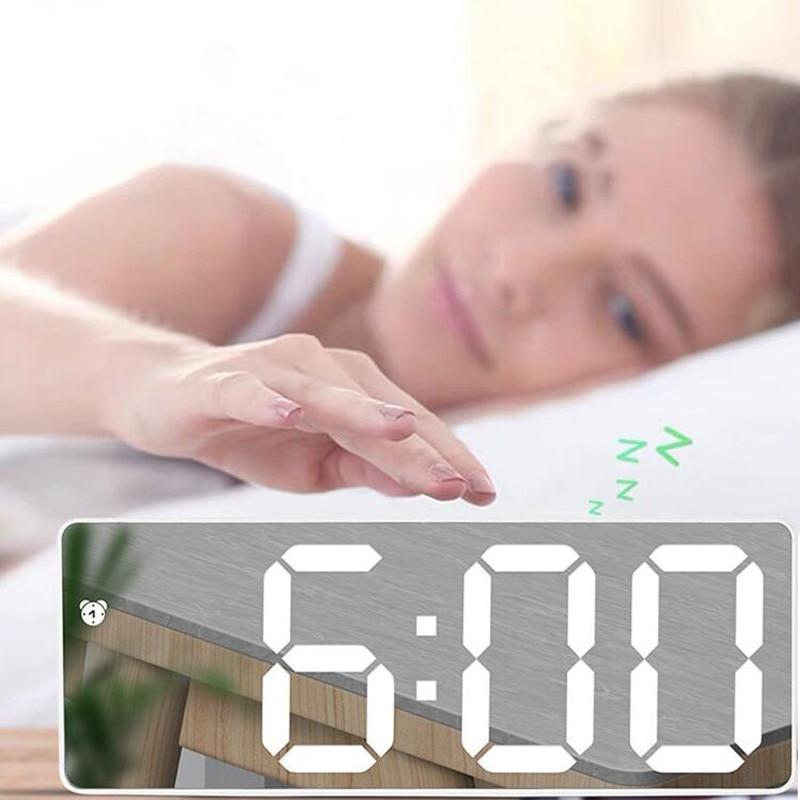Mirror Alarm Clock LED Digital Clock Voice Control Snooze Time Temperature Display Night Mode