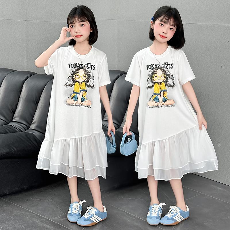 Girls' Summer Dress 2026 New Fashionable Girls' Summer Dress Children's Mesh Splicing T-shirt Skirt