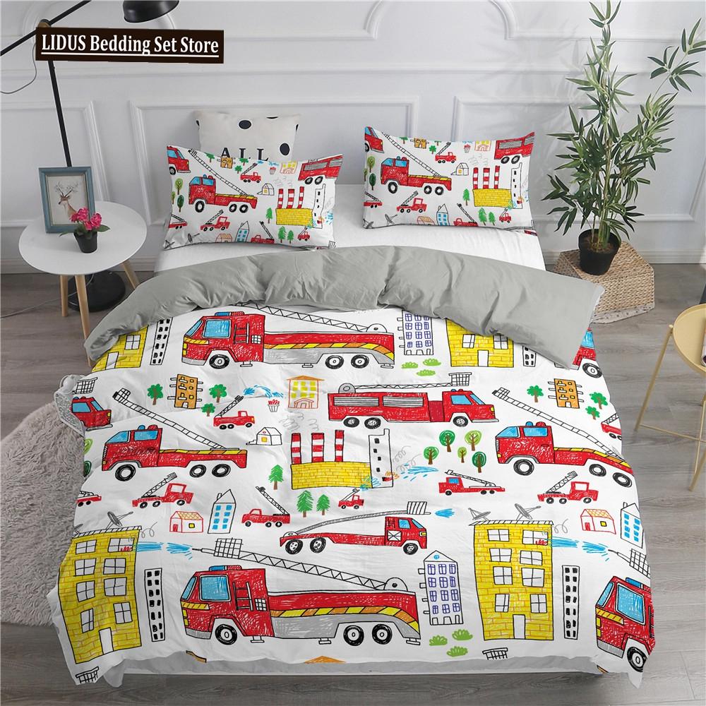 Cartoon Feuerwehrauto King Queen Bettwäscheset für Jungen Kinder Betonmischer Bettbezug Traktor Kran Bagger Polyester Quiltbezug
