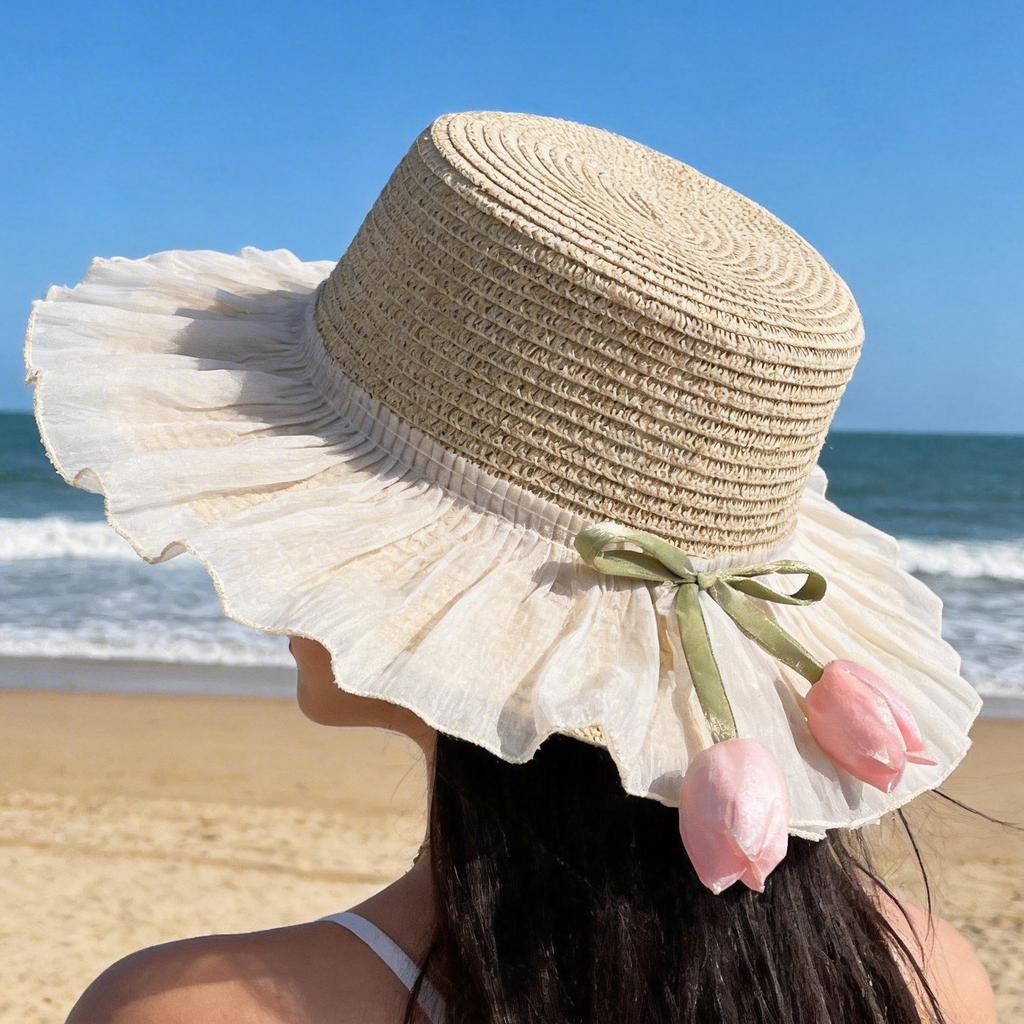 Tulip Lace Straw Hat Children Summer Seaside Beach Vacation Wind Shade Sun Protection Large Brim Sun Hat