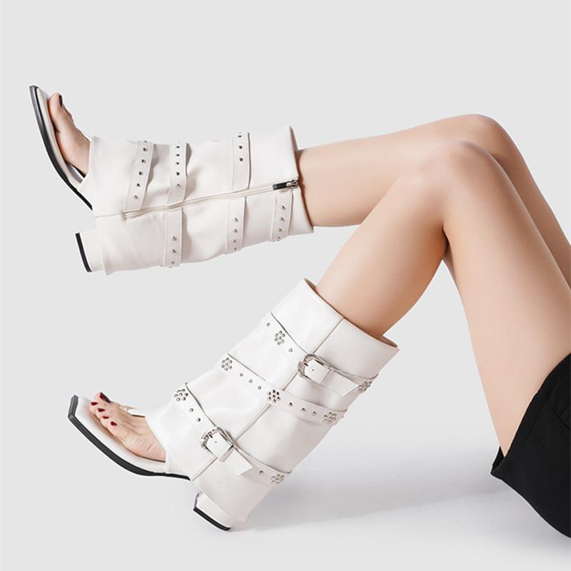 Fashion Fashion Square toe Rivet Strap Buckle Clip toe Women Mid-calf Boots Spring Summer Thick High heels Soft Leather Punk Boots Shoe
