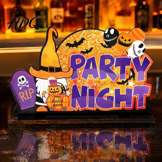Holiday Desktop Layout Ornaments Halloween Tabletop Decor Signs Pumpkin Ghost Gnome Wood Centerpiece Blocks Spooky Cartoon Style Figures Party