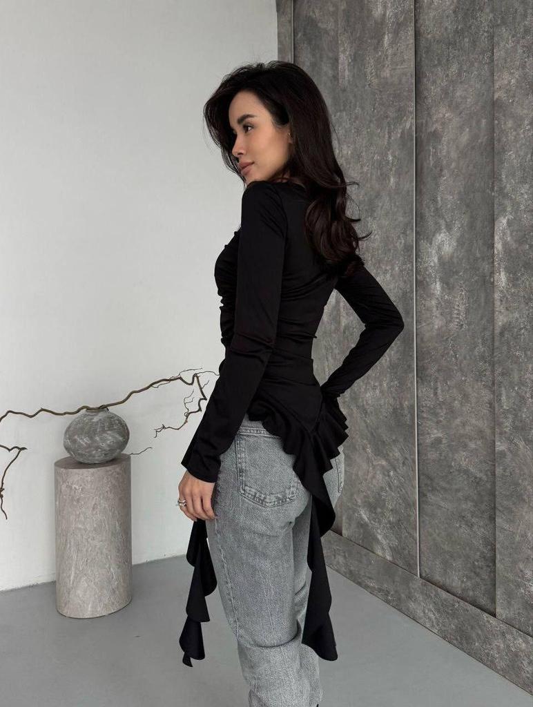 Spring/Summer 2026 Women's Slim Fit Knit T-Shirt with Irregular Ruffle Design and Long Sleeves