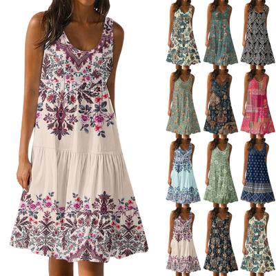 Women Casual Sleeveless Summer Dresses  Spring Patchwork Boho Floral  Cocktail Party  Dress