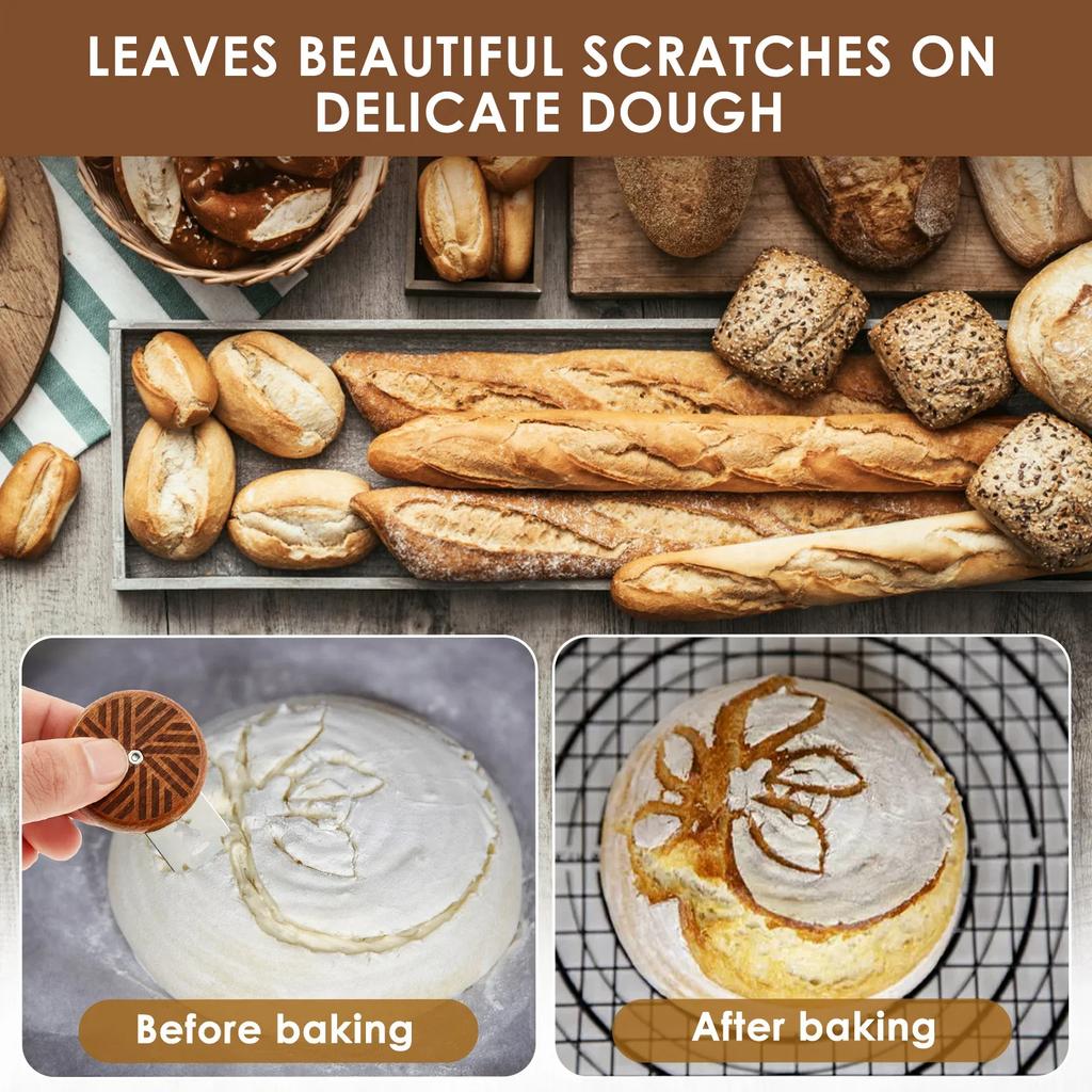 Bread Bakery Lame Tools Wooden Scraper Bread Knife/Slicer/Cutter Dough bakery stone Scoring Lame with 15 Blades Arc Curved Knife