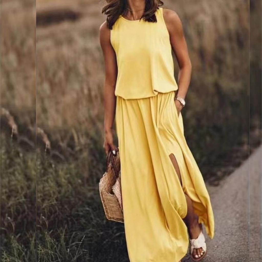 Ladies Elegant French Sleeveless Dress High Slit Round Neck Flared Hem Casual Semi Formal Outfit Simple Fashionable Style
