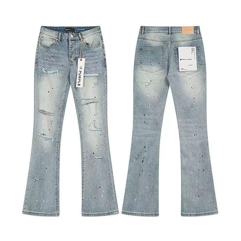 Mens Straight Fit Distressed Patchwork Denim Jeans Vintage Streetwear Style High Waist Ripped Cotton