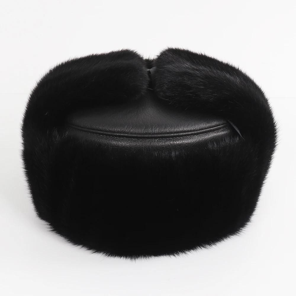 New Winter Men Outdoor Real Mink Fur Bomber Hats Male Super Warm 100% Natural Mink Fur Hat Luxury Man Real Sheepskin Leather Cap