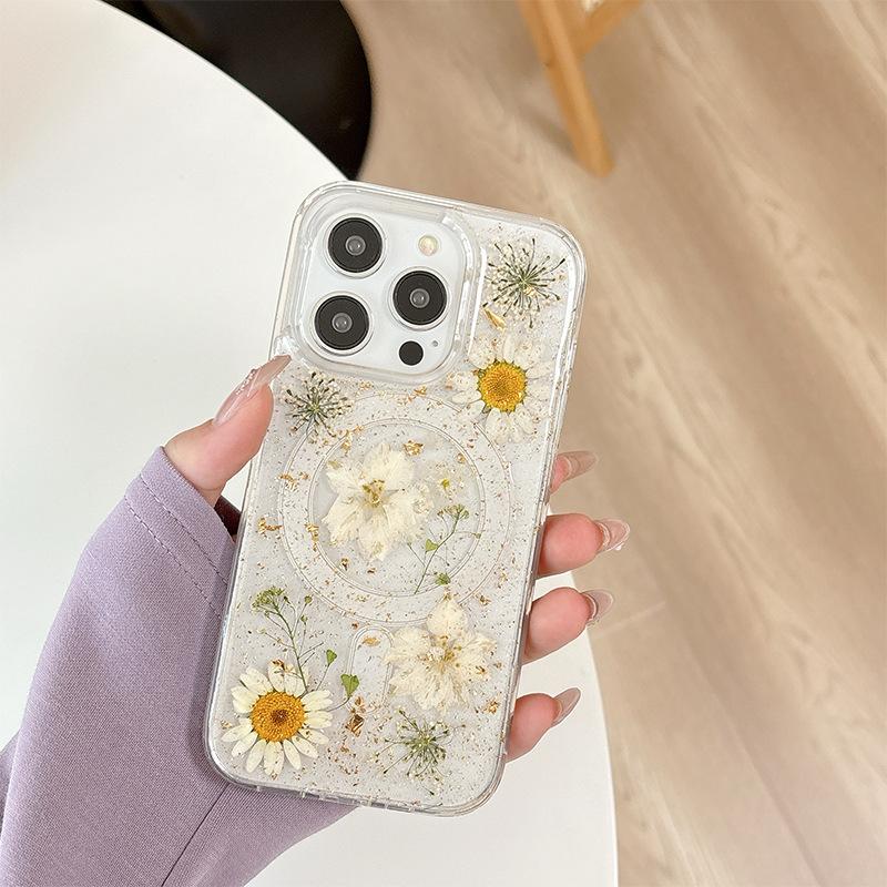 

Magnetic Magsafe mobile phone case for Iphone17Promax flower glitter Apple 16 wireless charging 14 iPhone 7/8/SE 2020