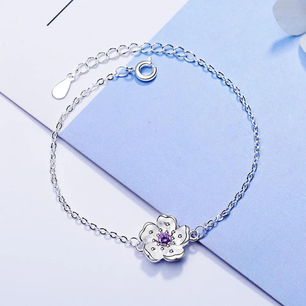 New Arrival  Silver Color Pink/Purple Cherry Blossom Flower Zircon Bracelet for Women Pulseira Feminina  Gift