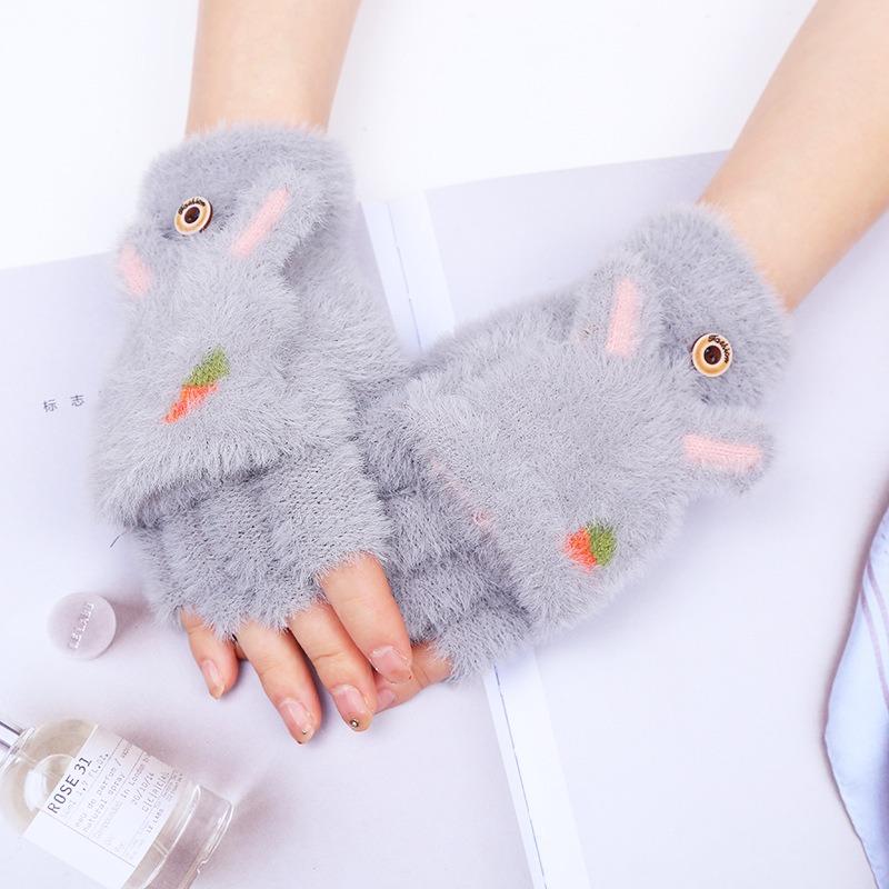 Gloves Women's Autumn and Winter Thickened Warm Flip Half Finger Cute Rabbit Ears Radish Pattern Student Velvet Gloves