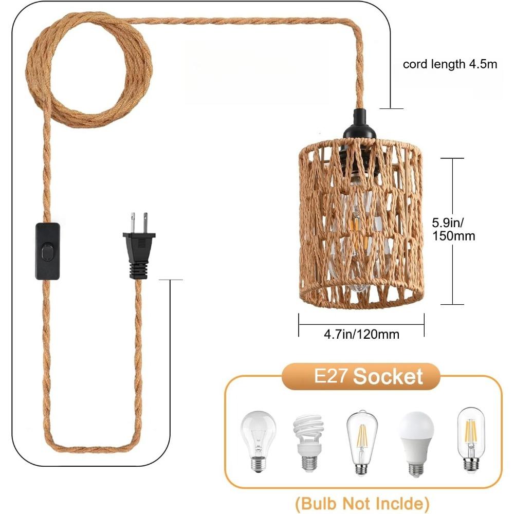 Boho Plug In Pendant Light Rattan Hanging Light with Cord Hemp Rope Farmhouse Hanging Lamp for Dining Room Bedside Restaurant