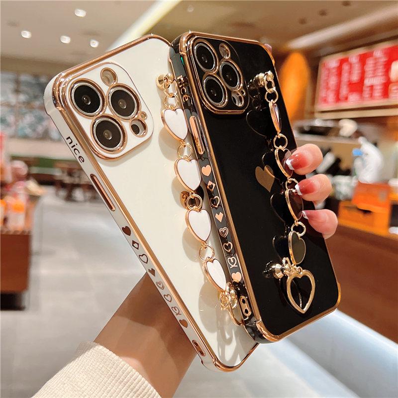 Soft Bracelet Love Heart Case For Iphone 11 12 13 Pro Max Xs X Xr 7 8 Plus Se 2020 13 Mini Electroplated Bumper Silicone Cover