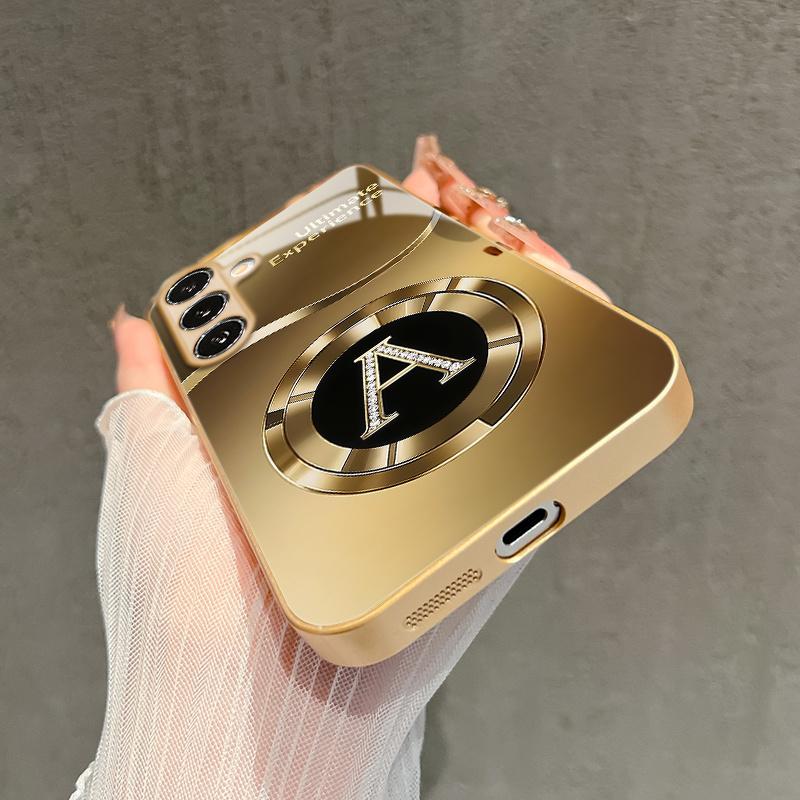 Golden Circular Logo with Letter Pattern Glass Phone Case for Samsung Galaxy S26 S25 S24 S23 S22 S21 and other models