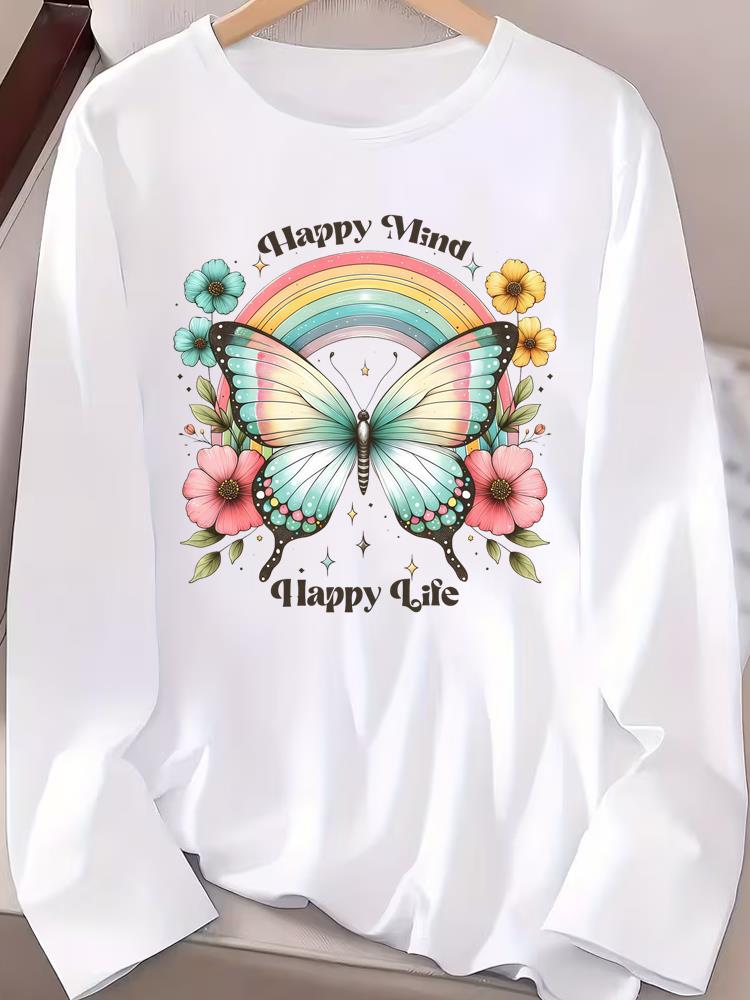 (Asian Size) Trend Butterfly Cute Tee Print T Shirt Women Clothing Autumn Winter Spring Casual Fashion Top O-neck Graphic Long Sleeve T-shirts