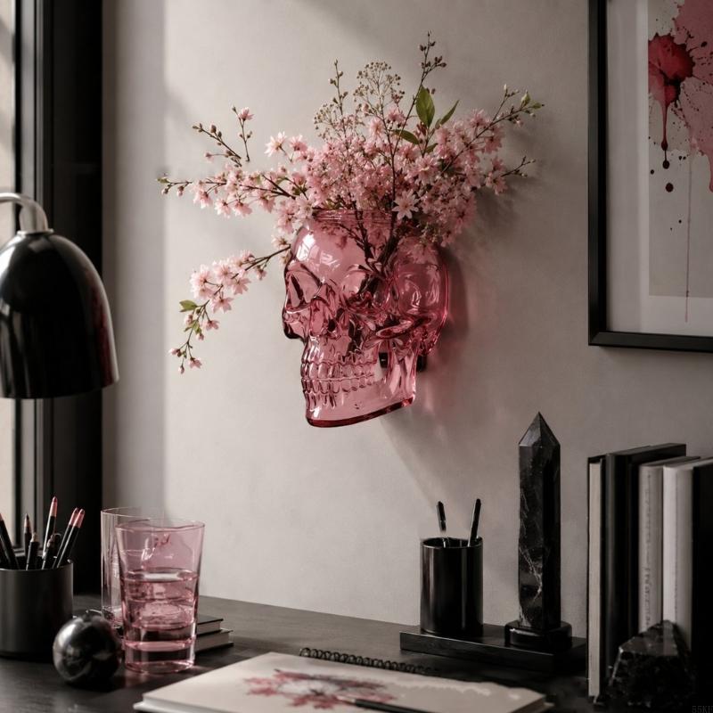 Vase mural rose d'Halloween avec crâne pour fleurs artificielles 55KF