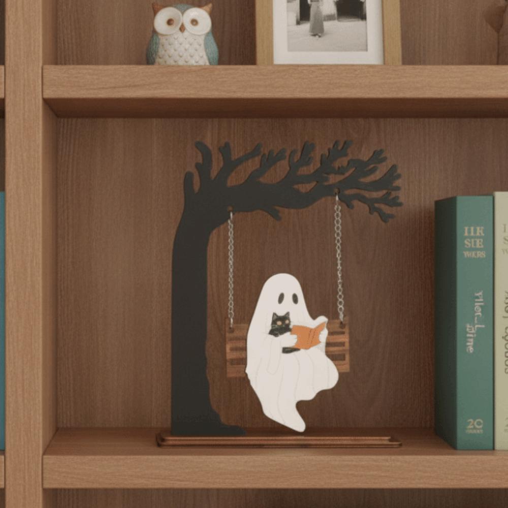 Freestanding Wooden Halloween Crafts Laser-cut Cat Reading Figurine Cat Owners