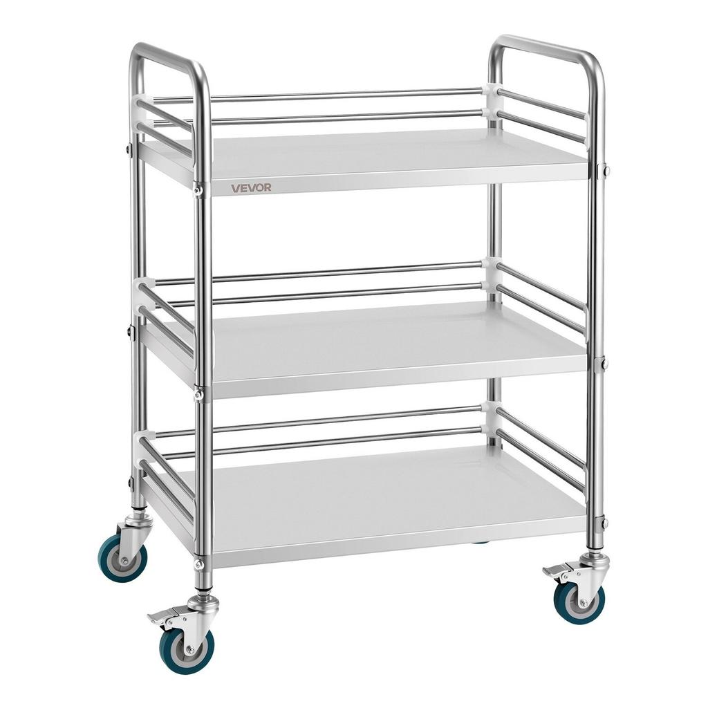 Stainless Steel Cart, 3-Tier Rolling Lab Utility Cart with Lockable Wheels, Medical Serving Trolley Clinic Tray, Heavy Duty Mobile Service Storage