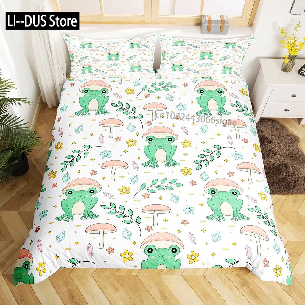 Frosch Bettbezug Set Niedlich Kawaii Cartoon Frosch Muster King Queen Größe Polyester Bettdeckenbezug Mit Kissenbezug Für Kinder Mädchen