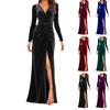 Velvet Long Sleeve Maxi Dress for Women Deep V Neck Front Slit Ruched Elegant Evening Gown Floor Length Formal Wear