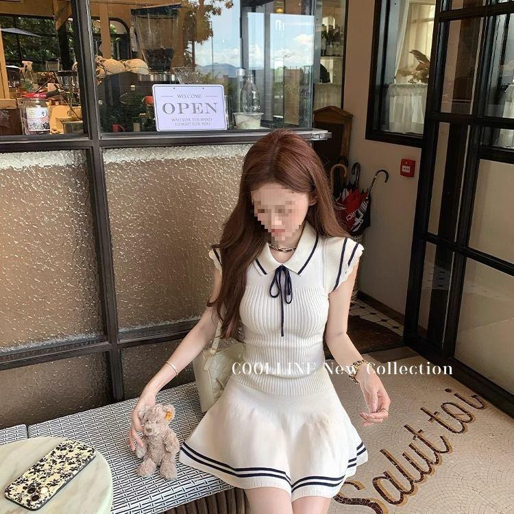 

Women s College-Style Lace-Up Knit Dress, Summer 2026, Petite Fit, Cinched Waist, Short Skirt, Short Sleeve. S [80-95 lbs] белый