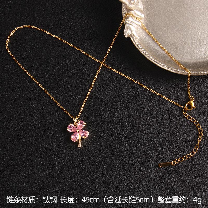Zircon French Light Luxury Gold Inlaid Necklace Niche Design Four-leaf Clover Flower Pendant Titanium Steel Collarbone Chain New