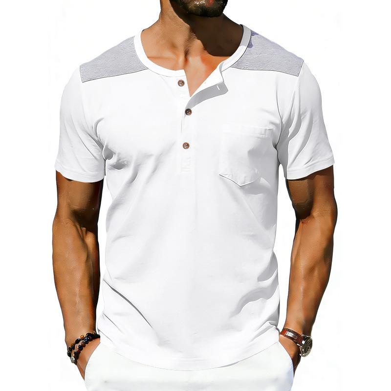 Men Contrast Shoulder Henley Neck Short Sleeve Pocket Casual Tee S