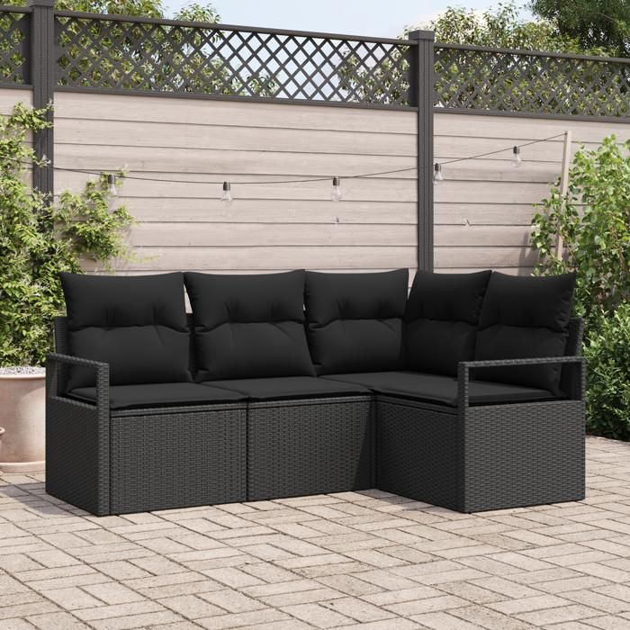 Ensemble de canapés de jardin 4 pièces avec coussins Noir Poly Rattan, Canapé 2 places de jardin avec coussins Noir Poly 3346363